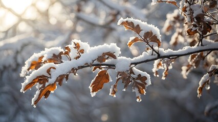 Snow-covered Branches With Brown Leaves in a Winter Landscape During the Early Morning Light