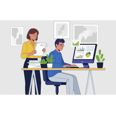 Man and woman collaborating in an office environment analyzing data on a computer.