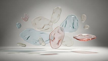 Modern abstract art with floating transparent shapes in gentle pastel tones, a calming organic design for minimalist backgrounds or contemporary visuals