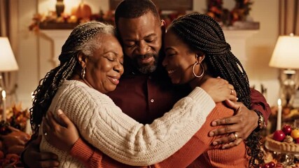 Family embracing indoors with warm lighting at a festive occasion celebration
