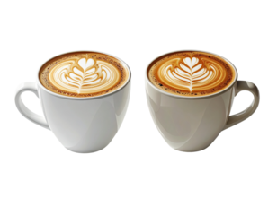 Modern café latte variations collection with detailed milk froth patterns, isolated on transparent background