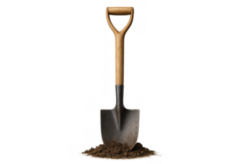 Shovel standing in a pile of brown earth on transparent background, symbolizing gardening, construction, and hard work