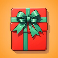 Animated Gift Box with Green Ribbon and Bow on Bright Yellow Background, Exuding Vibrant Cheer