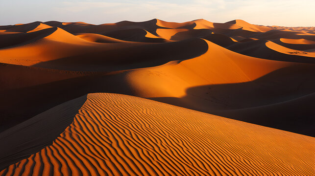 Golden sand dunes in the desert illuminated by warm sunset light