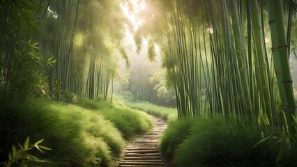 Beautiful Bamboo Forest Path Inviting Exploration With Soft Sunlight Filtering Through the Leaves in the Early Morning