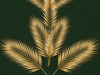 Golden palm leaves on dark green background nature abstract art