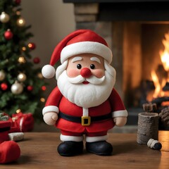 Festive Scene Featuring a Santa Figurine, Adorned Christmas Tree with Colorful Ornaments and Lights, a Gift Box, and a Warm Fireplace in a Cozy Holiday Atmosphere