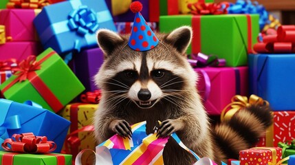 Raccoon wearing a party hat and unwrapping gift in colorful decor  