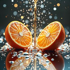 Orange halves with juice dripping and sparkling water droplets  