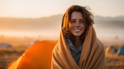 A joyful woman wrapped in a blanket, enjoying a peaceful morning at a campsite with mountains in the background.