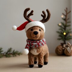 Handcrafted Teddy Bear Reindeer in Festive Attire Against Twinkling Christmas Tree Backdrop