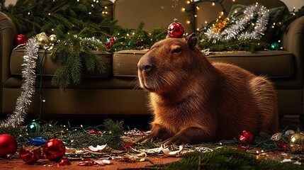 Capybara relaxing among Christmas decorations and lights indoors  