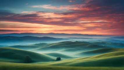 Sunrise Over Rolling Hills Creates a Serene Landscape With Mist and Colorful Skies in the Early Morning Light