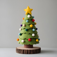 Festive Green Felt Christmas Tree Adorned with Colorful Pom Poms and a Bright Yellow Star on White Background