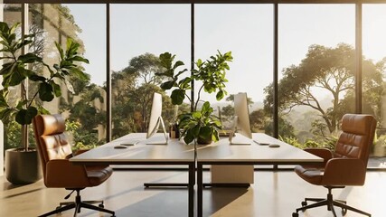 Bright office space with large windows overlooking lush greenery and modern furniture arrangement