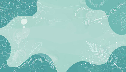 Soft educational biology background with subtle leaf veins, DNA helix lines, cell membranes, botanical outlines, microscopic patterns, light green-blue gradient