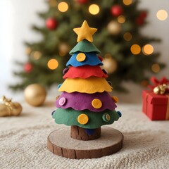 A vibrant handmade felt Christmas tree with colorful ornaments and a star atop, resting on a wooden surface beside a gift box, surrounded by a festive backdrop of lit tree decorations.