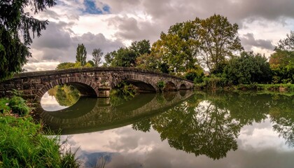 Fototapeta premium A stone bridge arches over calm water, reflecting trees and a dramatic cloudy sky. The scene is peaceful and serene, with a touch of drama.