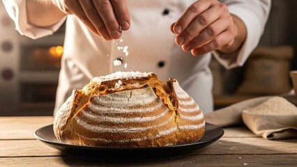Chef's Hands Sprinkle Sea Salt on Freshly Baked Artisan Bread