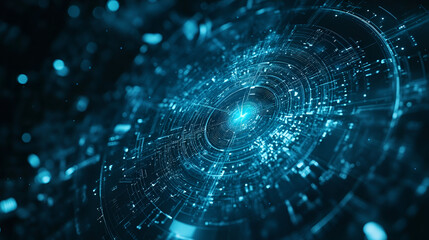Abstract blue digital network vortex with glowing particle structure