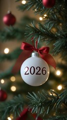 Festive Christmas Tree Adorned with a White Ornament Featuring the Year 2026, a Red Ribbon, and Twinkling Lights Among Decorative Accents