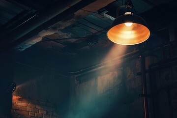 Light beam from industrial lamp illuminating dark basement with brick wall and pipes, creating mysterious atmosphere