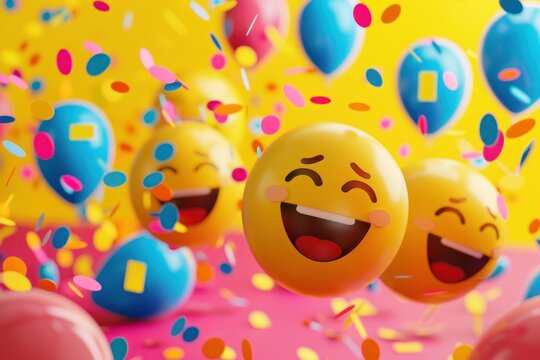 Emojis are laughing amidst colorful confetti and balloons, creating a vibrant celebratory atmosphere