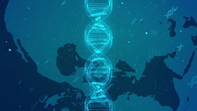 Digital DNA Helix Over World Map Illustrating Genetic Connectivity - Powered by Adobe