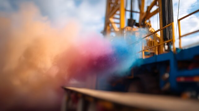 Industrial drilling rig ope n with colorful plumes of orange pink and blue smoke emitted into the atmosphere