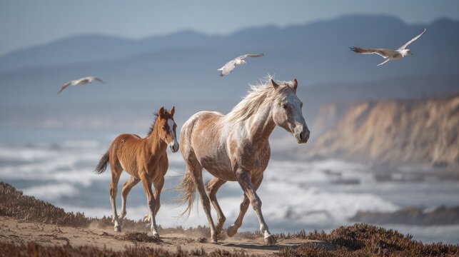 Elegant wild mare and colt trotting along coastal cliffs ocean waves crashing below and seagulls circling above