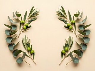 Olive branch and eucalyptus leaves arranged symmetrically on neutral background