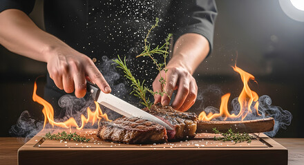 Chef carving Tomahawk Steak dramatic flame 4