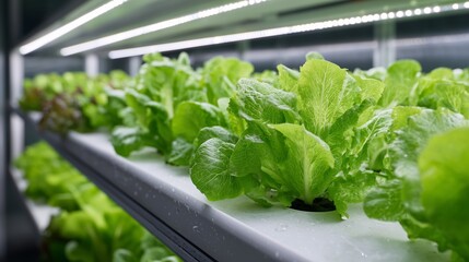 Fresh green lettuce growing in a hydroponic system with vibrant leaves and modern lighting