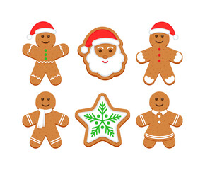 Christmas gingerbread characters, Santa Claus, star cookie. Noel holiday sweet dessert. Cute ginger bread character in Xmas design. Classic cookies isolated on white background. Vector illustration