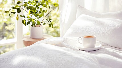 A white coffee cup and saucer sit on a bed with white linens. A potted plant sits on a small table near a window. Bright, natural light fills the room.