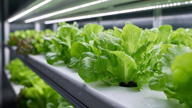 Fresh green lettuce growing in a hydroponic system with vibrant leaves and modern lighting