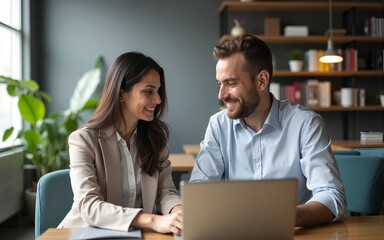 Smart business people working together with laptop while talking in the coworking place. High quality