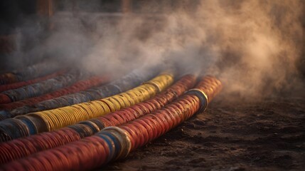 A line of colorful industrial hoses lies on dusty ground emitting smoke and mist under the warm hazy light of late afternoon