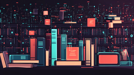 Digital library concept with glowing books and futuristic data background