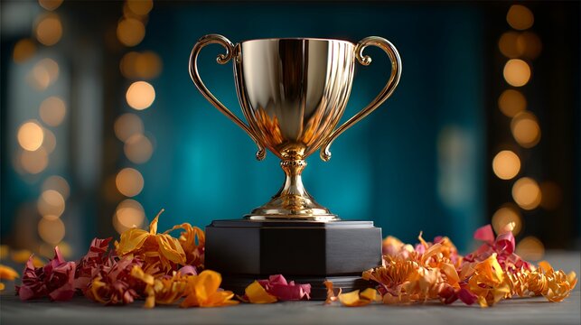 Golden trophy surrounded by colorful confetti on bokeh background