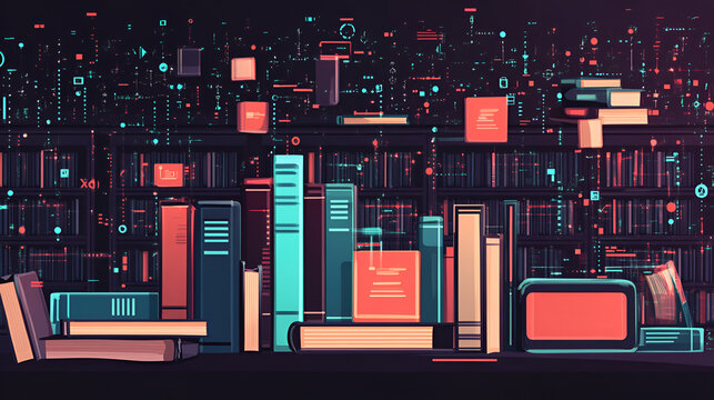 Digital library concept with glowing books and futuristic data background
