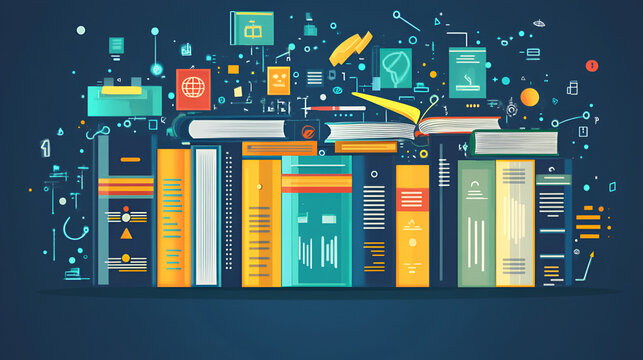 Digital learning concept with glowing books and abstract technology icons