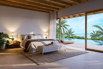 3D render of a tropical luxury bedroom with ocean view deck, infinity pool, and elegant natural accents.