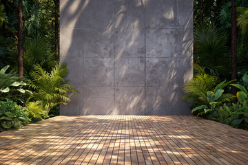 A serene of outdoor space with wooden deck, concrete panel wall, and lush tropical vegetation 3D render, blending industrial design with natural tranquility.
