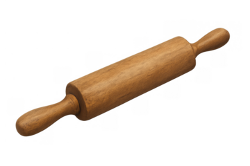 Wooden rolling pin for baking and cooking food items, kitchen utensil for spreading dough and preparing pastry, transparent background