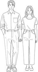 A young couple holding hands depicted in a clean black and white line art style standing together.