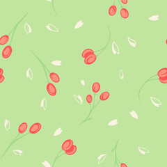 Seamless vector pattern with bright red berry clusters and scattered cream leaves on a fresh light green background. Playful modern botanical design for textiles, packaging and seasonal decor