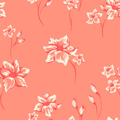 Seamless vector pattern with hand drawn brush style lilies in soft ivory and coral tones on a warm peach background. Elegant floral design for textiles, fashion prints and modern decor