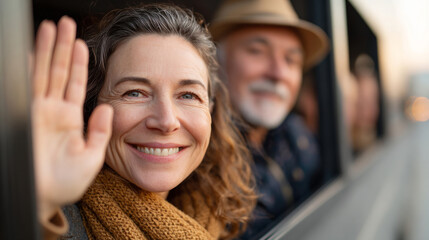 Group of friends waving goodbye from a train window on a travel adventure