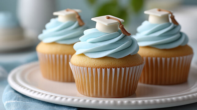 Graduation celebration cupcake tower with blue frosting and festive toppers for party decor